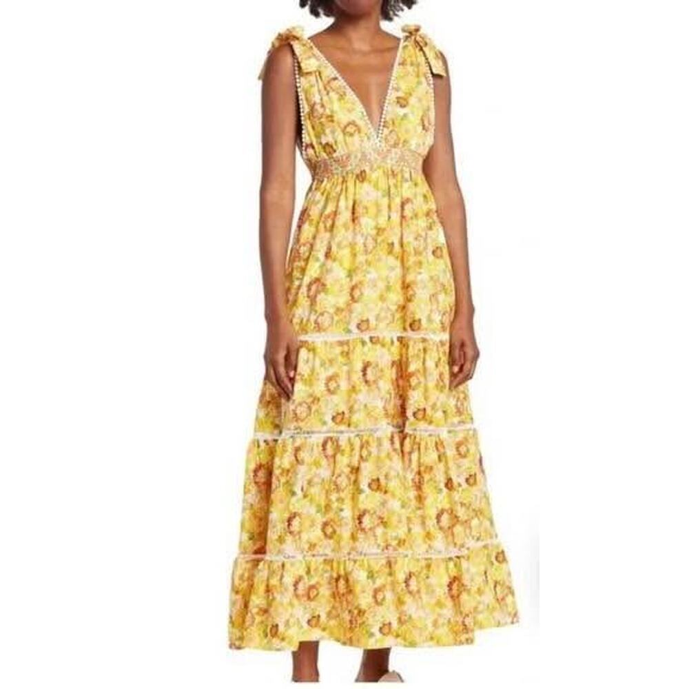 Melloday Women’s Large Sunflower Shoulder Tie Ruffle Maxi Dress